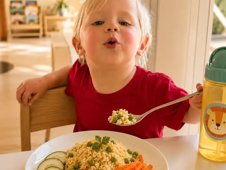 Kind isst am Mittagstisch der Kita Bärlis ein frisch gekochtes Bio-Menü mit Gemüse