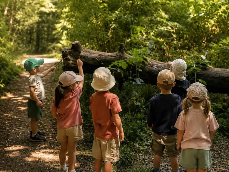 Kinder der Waldgruppe der Kita Bärlis unterwegs zwischen Bäumen im Wald